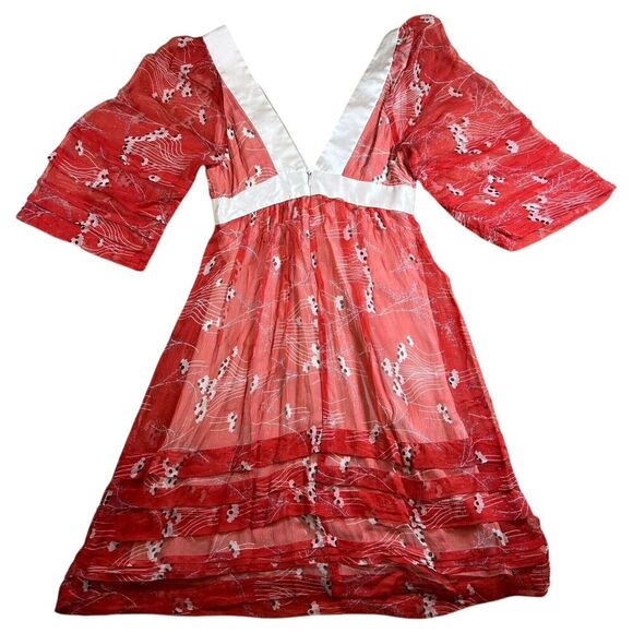 Development by Erica Davies Red Floral Sheer 100% Silk Floral Print Dress Size 0 - Picture 7 of 7